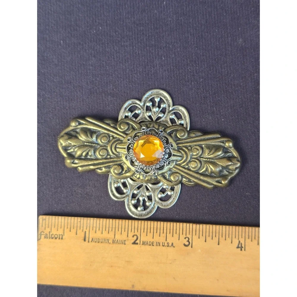 Ann‎ Cichon Dallas Vintage Mixed Metal Filigree Amber Gemstone Statement Brooch